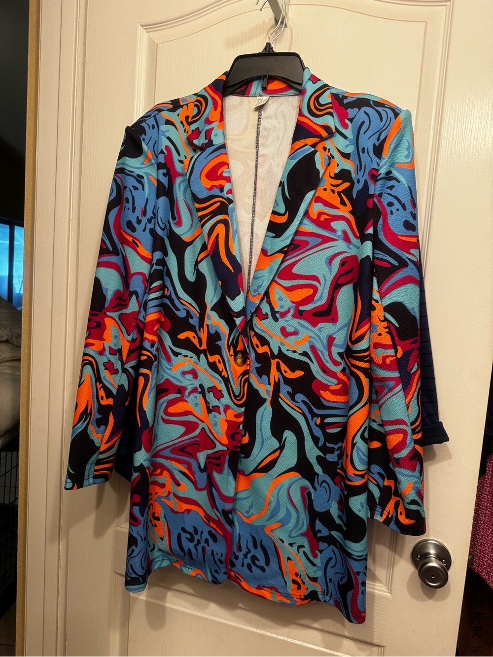 Amazon Multicolor Abstract Swirl Long Blazer in Blue, Orange, Red, Purple, Black